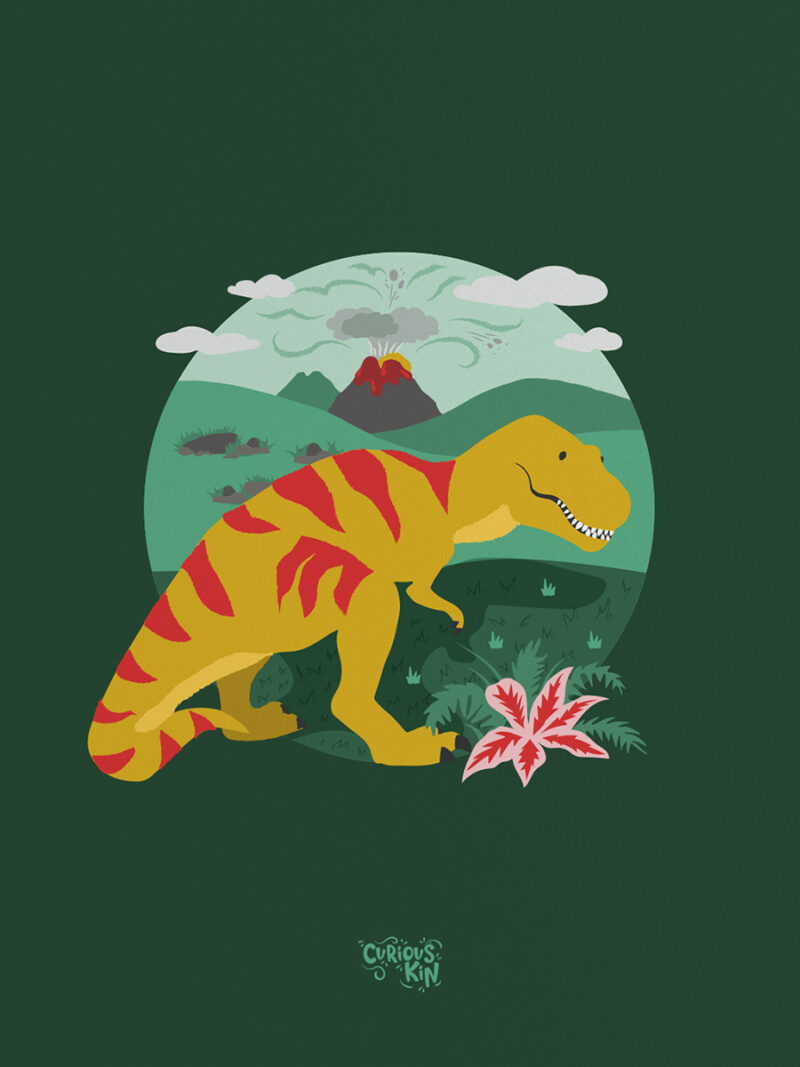 T-rex and volcano illustration