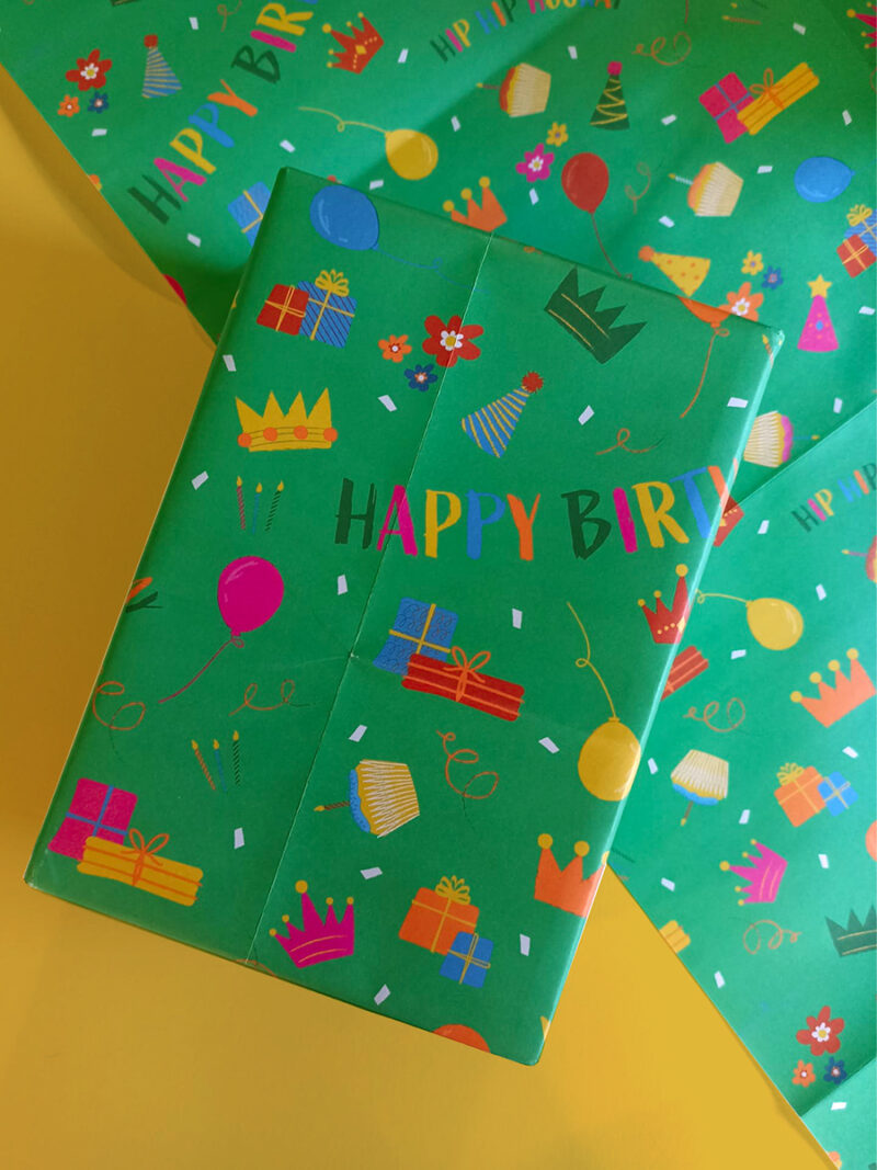 gift wrapped in green illustrated happy Birthday wrapping paper.