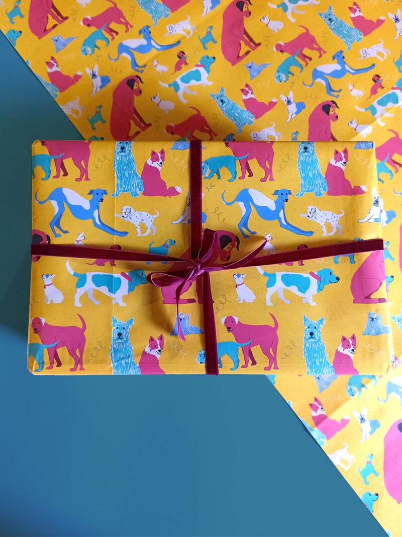 gift wrapped in hand drawn dog illustrations gift wrap