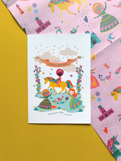 Illustrated wishing you a magical Birthday card with unicorn and princesses