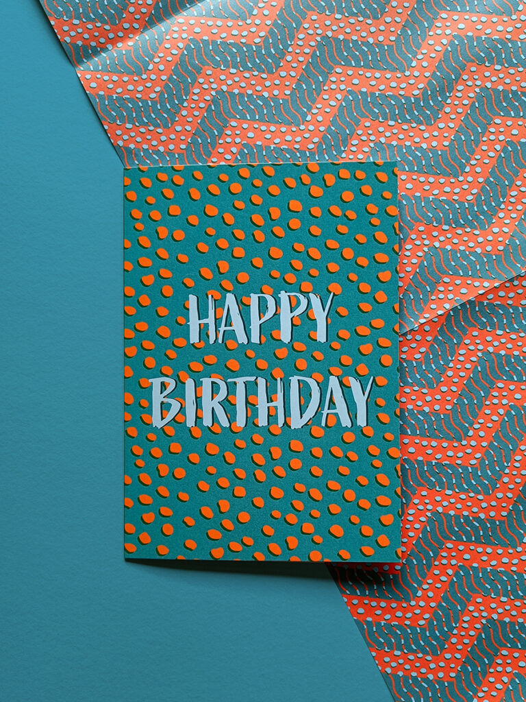 Polka dot Happy Birthday Card on top of matching wrapping paper