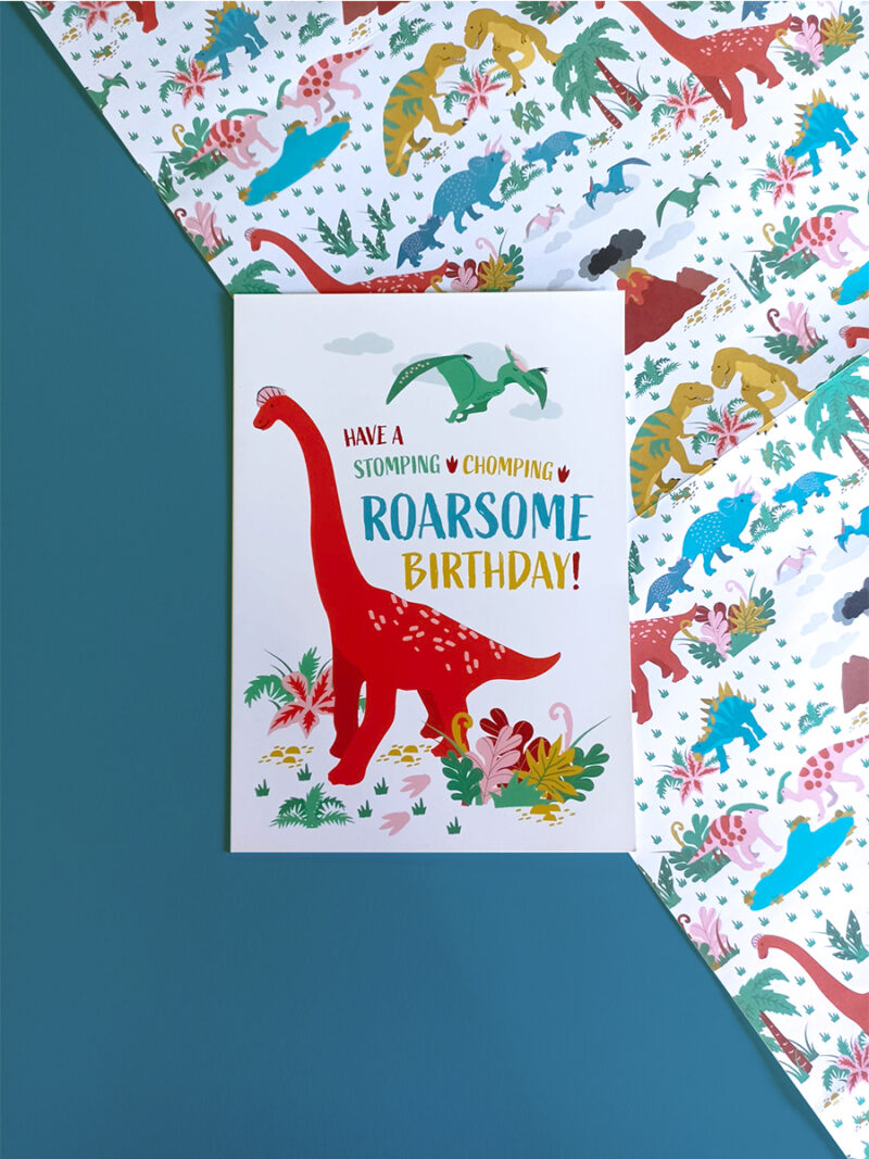 brachiosaurus dinosaur birthday card with pteranodon and dino wrapping paper