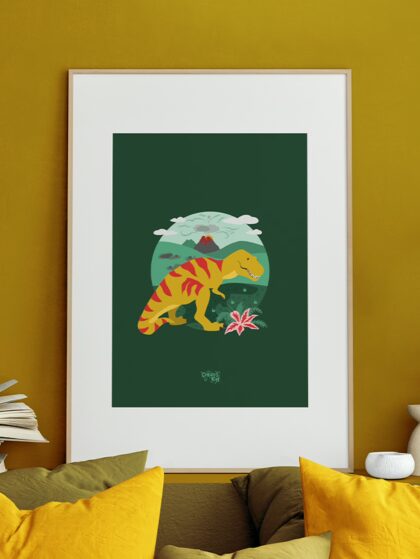 Illustration of dinosaur tyrannosaurus rex with a volcano behind in yellow and green tones.