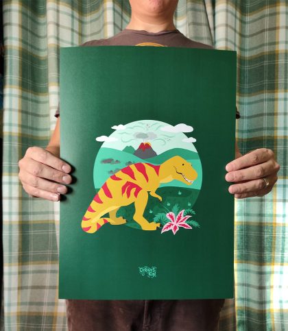 A3 Bold and Bright illustration of a yellow t-rex with red stripes standing in front of an erupting volcano on an evergreen background.