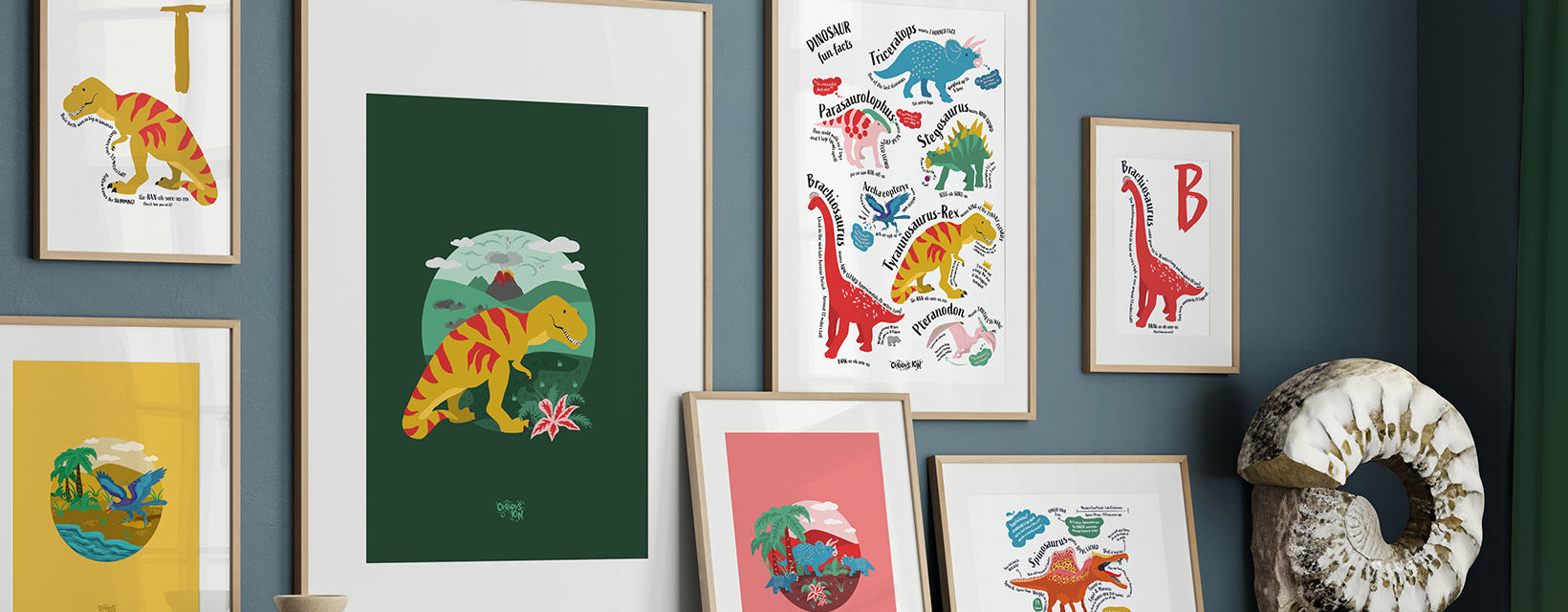 Framed dinosaur illustrations hanging on wall