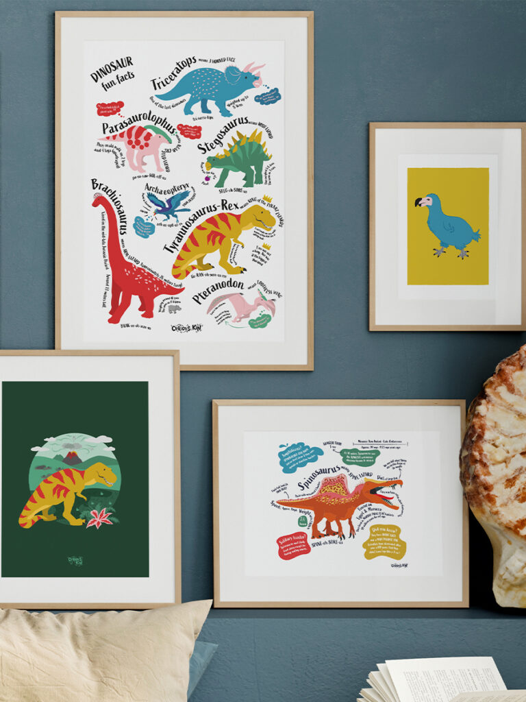 Framed dinosaur fun facts, t-rex and dodo art.