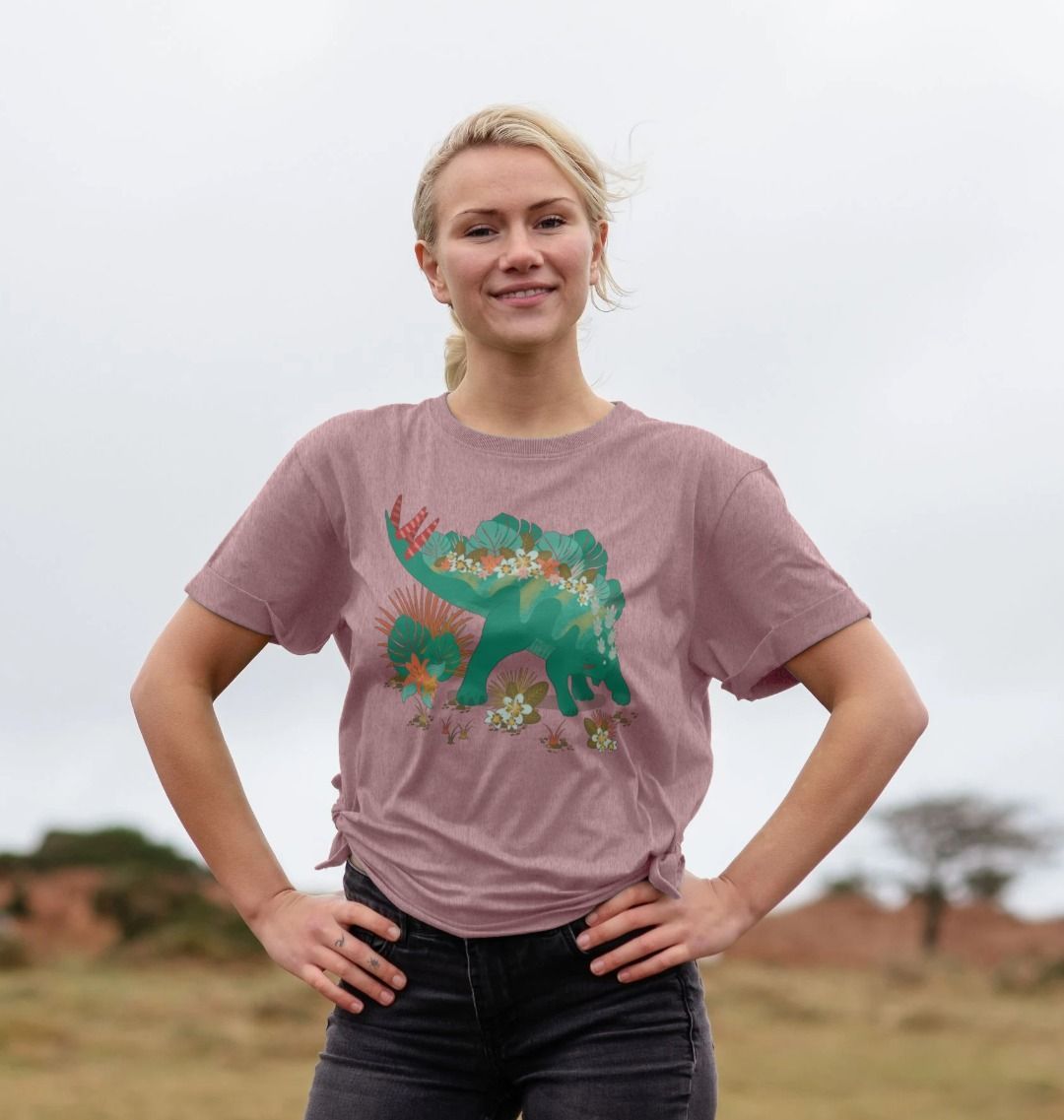 woman wearing curious kin's steg-oh-flora t-shirt