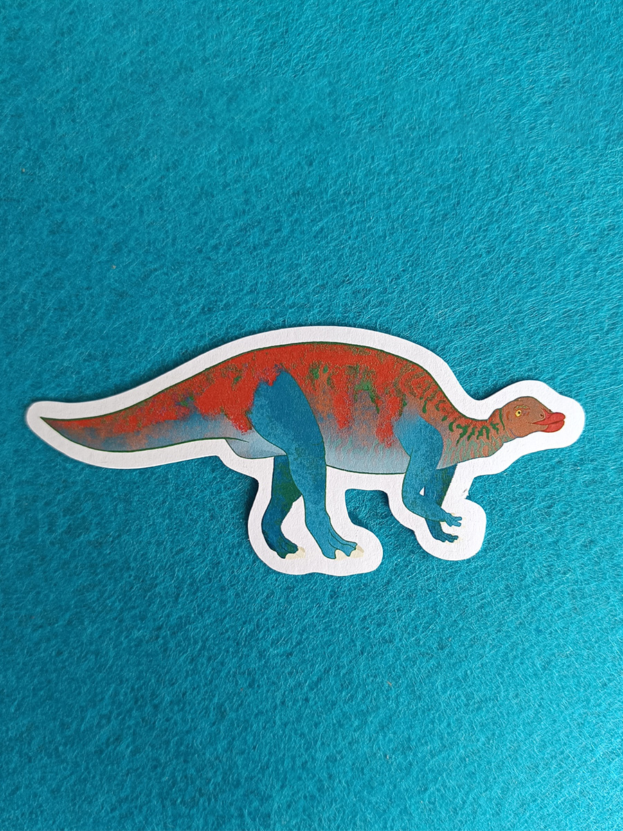 die cut sticker of illustrated camptosaurus dinosaur