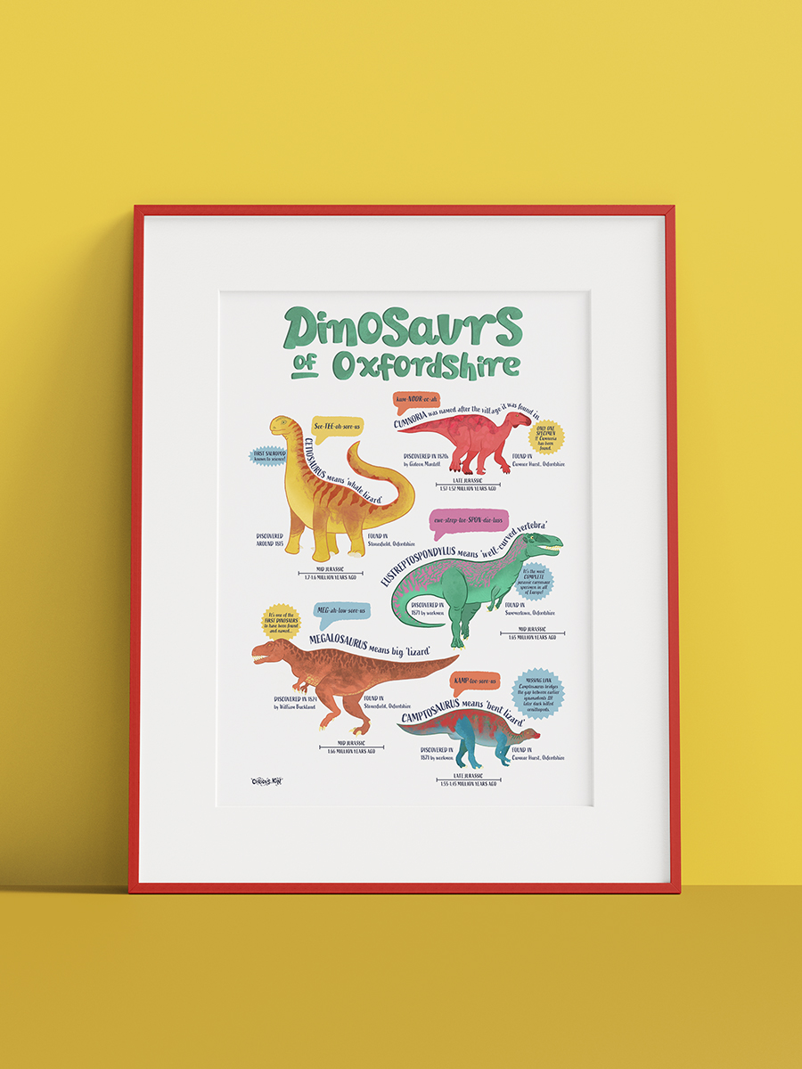 Dinosaurs of Oxfordshire illustrated poster of dinosaurs found in oxfordshire in a red frame