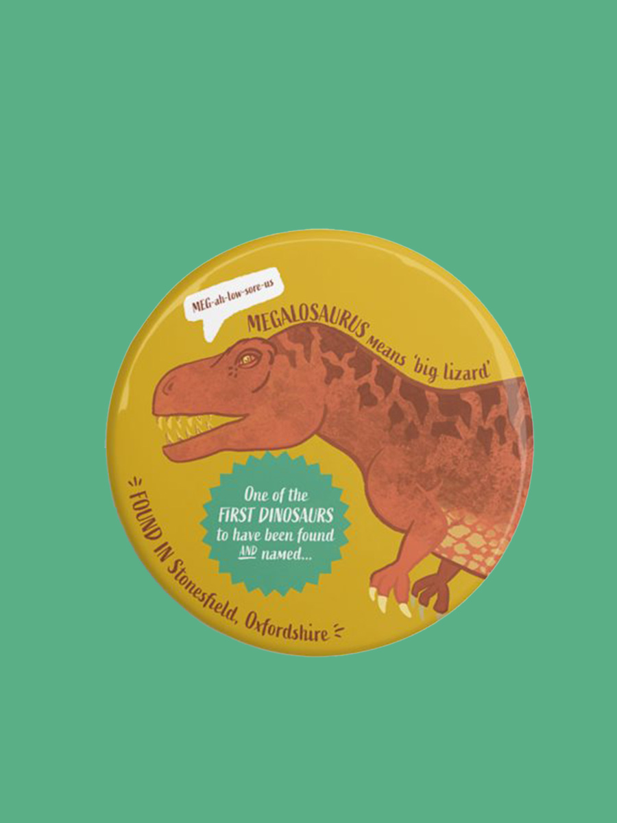 A round magnet with an illustration of megalosaurus dinosaur on a yellow background with name meaning, where it was found in Oxfordshire and name meaning.