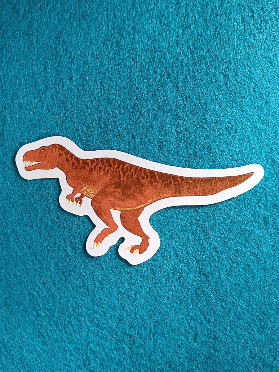 die cut sticker of illustrated megalosaurus dinosaur