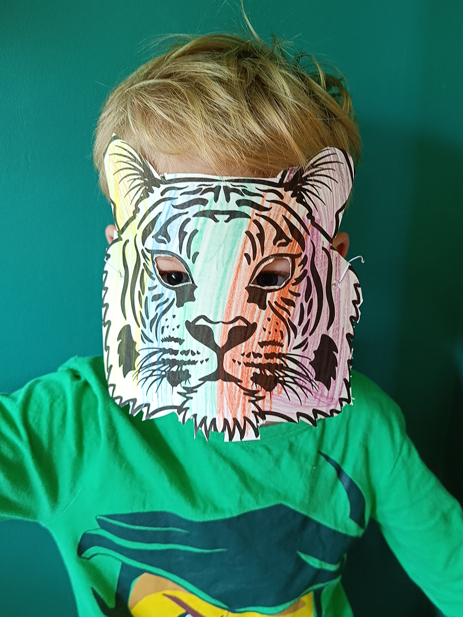 boy wearing in a siberian tiger face mask he coloured in