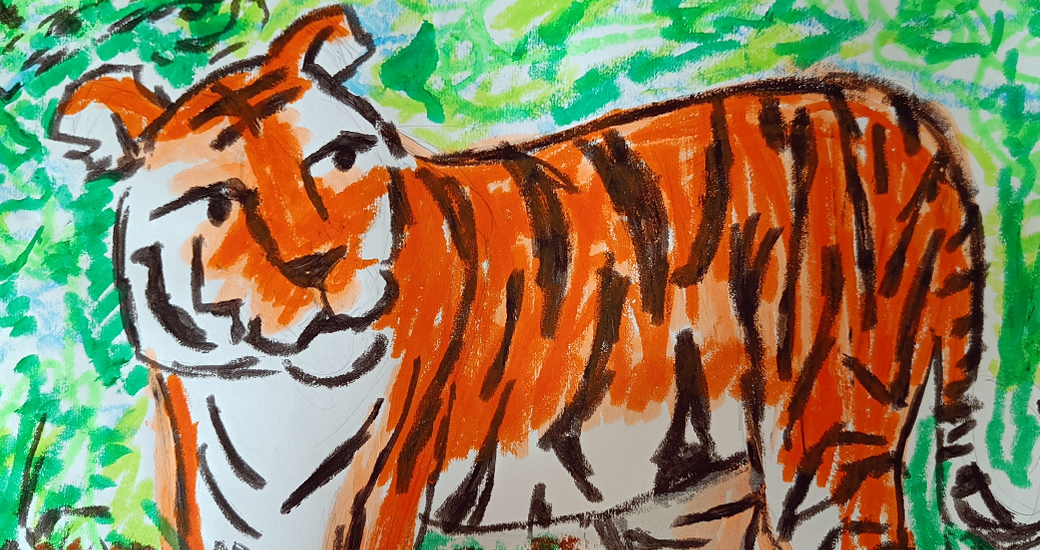 min dawson's sketch of a tiger using paint sticks