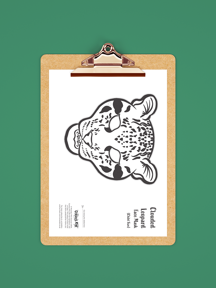 clipboard with printable clouded leopard face mask drawn by Min Dawson