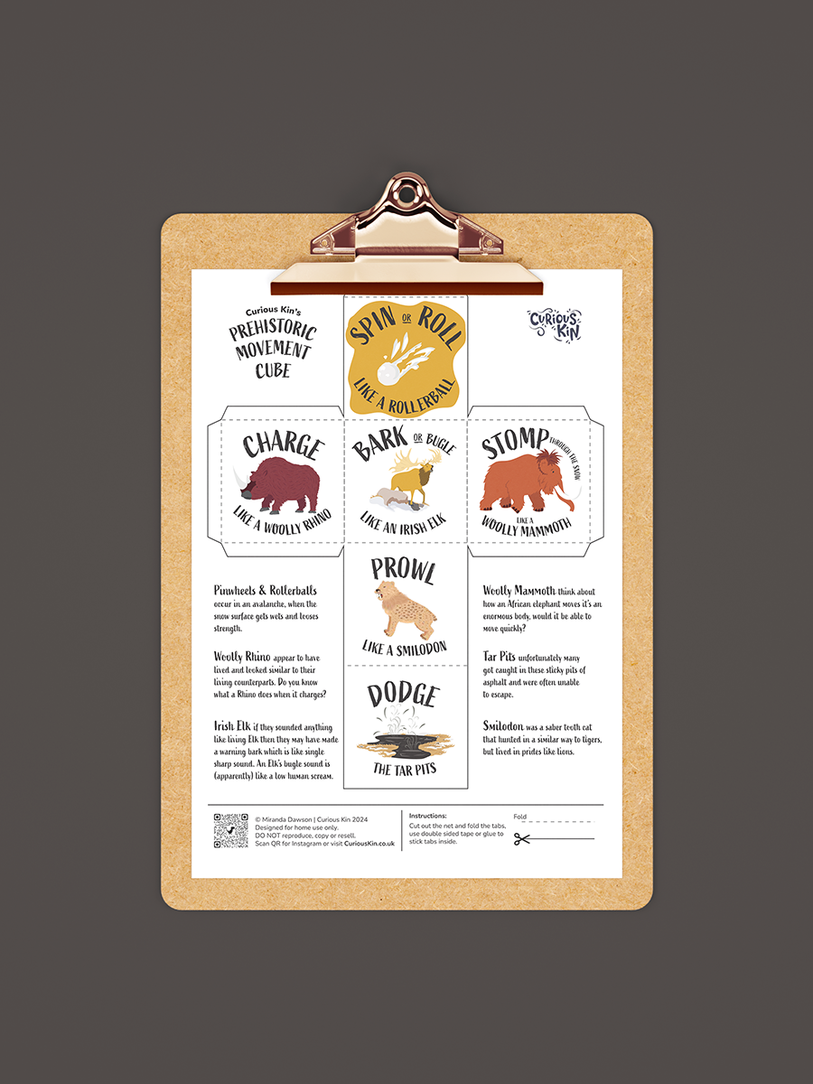 Prehistoric Ice Age Movement Cube net printable with woolly mammoth, smilodon,whoolly rhino, irish elk, pinwheel and tar pits illustrations, on a clipboard