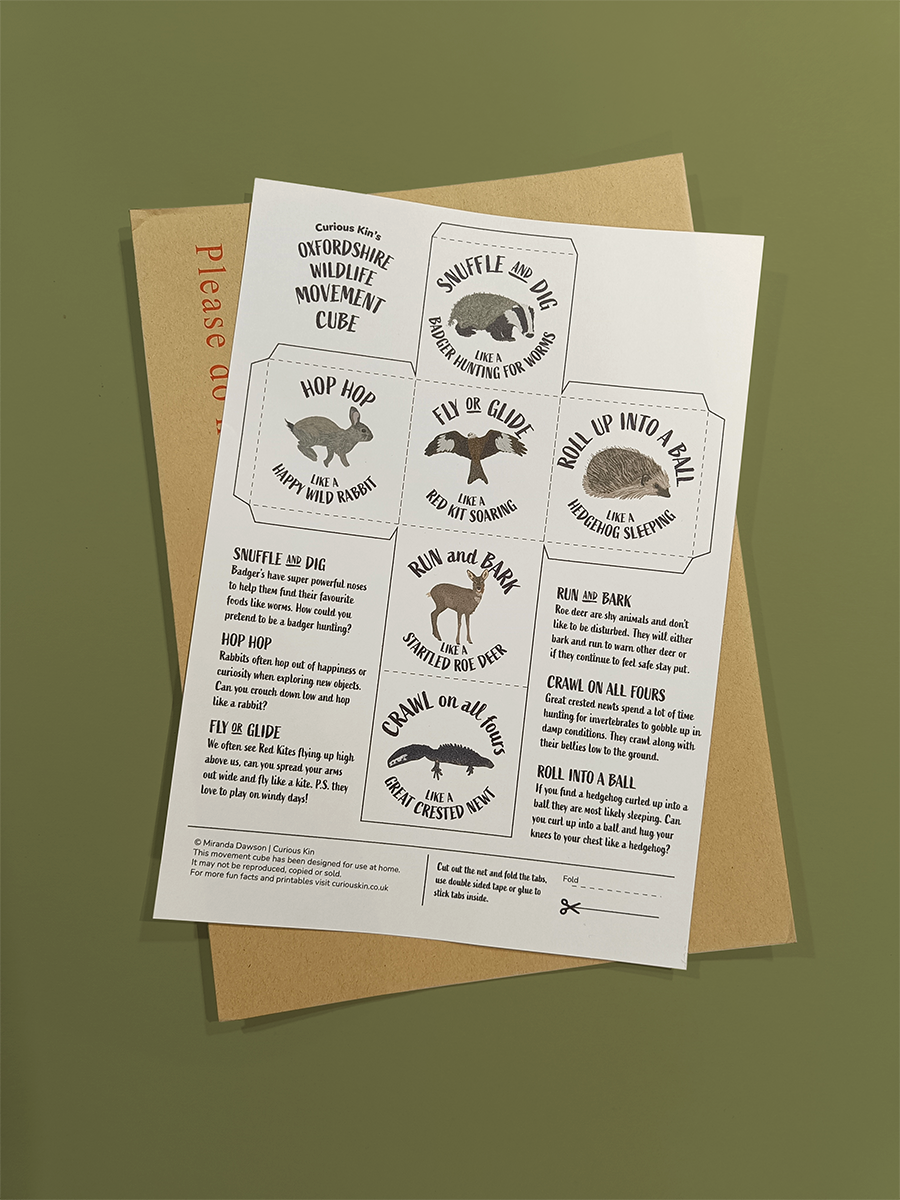 Oxfordshire Wildlife Movement Cube net printable with badger, red kit, great crested newt, roe deer, hedgehog and wild rabbit illustrations, on a boarded envelope ready to post