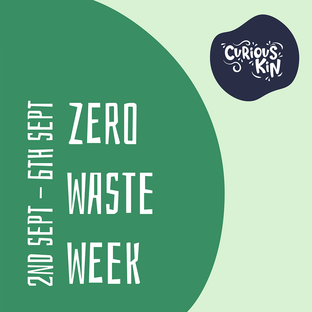 Zero waste week banner with curious kin logo and roundel.