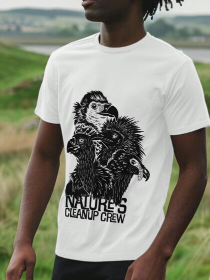 Man stood in a field wearing a white coloured t-shirt with Curious Kin's Nature's clean up crew vulture species design printed on it