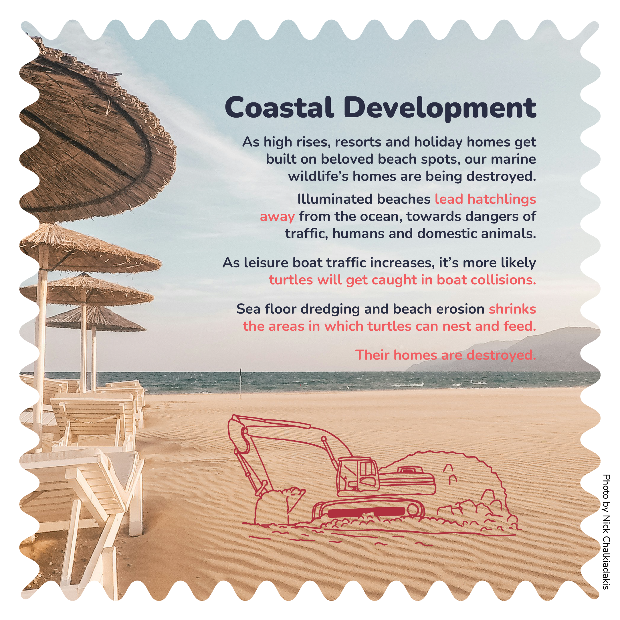 Coastal Development slide explaining how coastal development damages coastlines and destroys sea turtle habitats/fishing grounds. 
