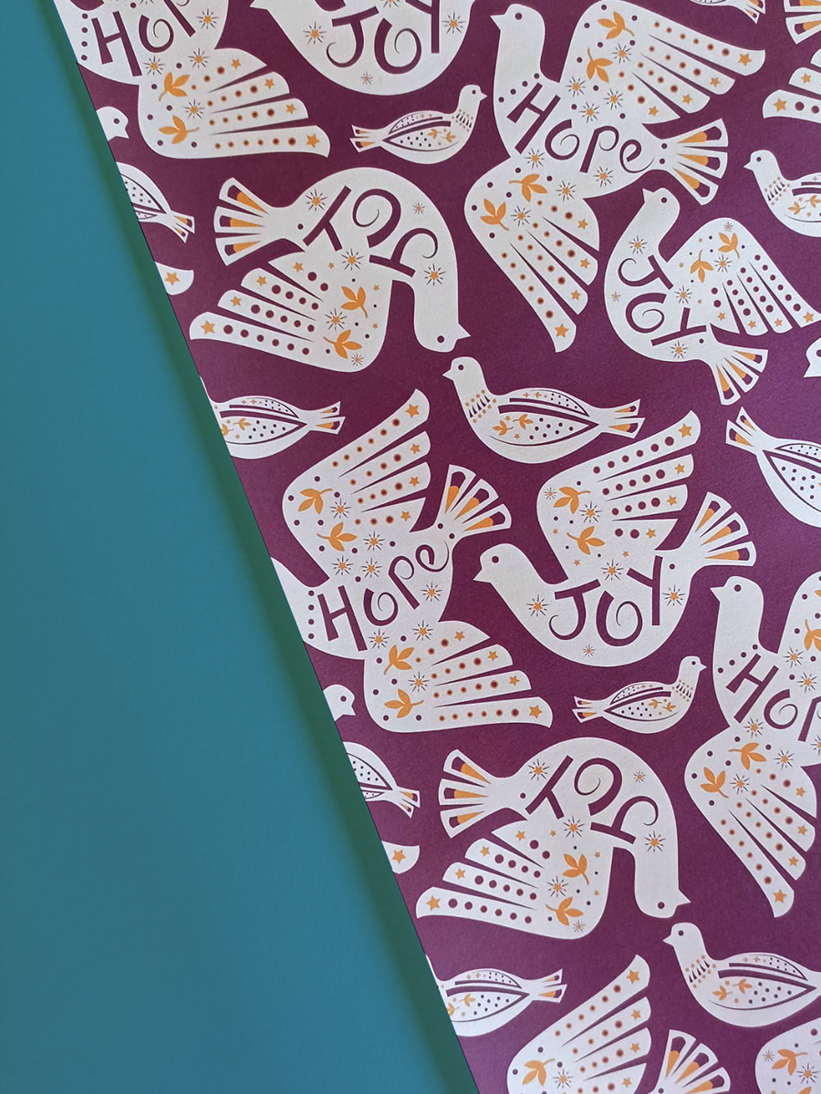 Illustrated joy and hope dove gift wrap paper