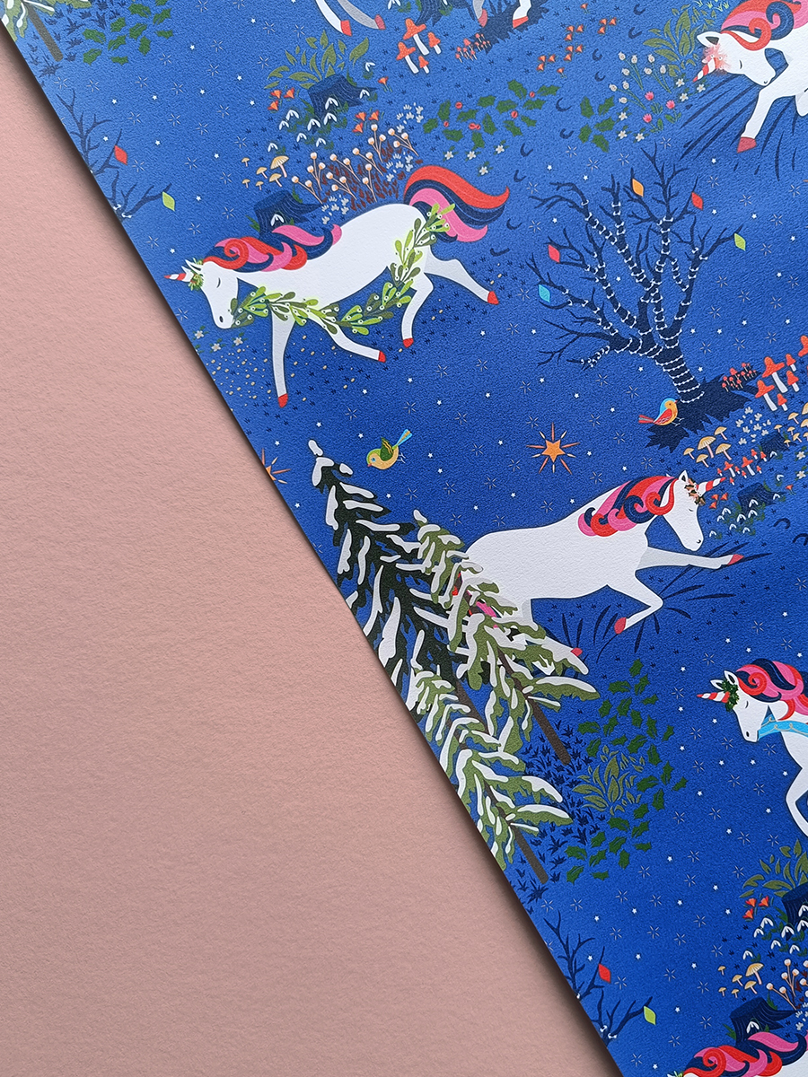 illustrated christmas unicorn gift wrap