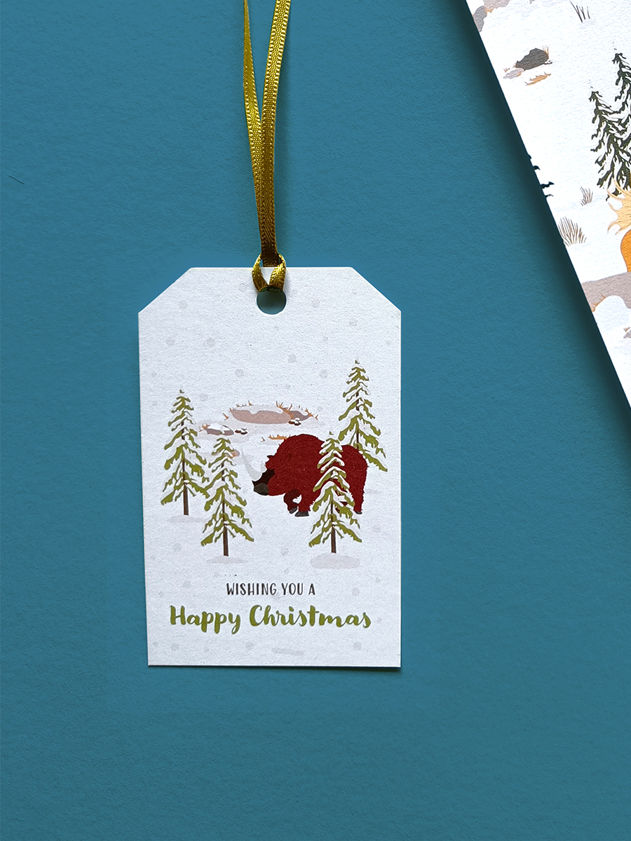 Illustrated woolly rhino christmas gift tag and tie