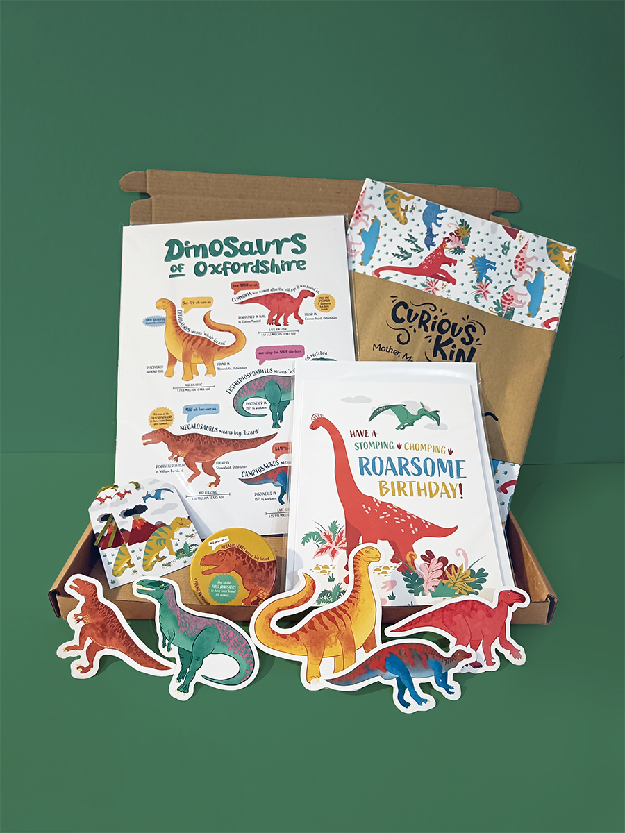 Mega Dinosaur Birthday Bundle: A4 dinosaur fun facts poster, A1 dino gift wrap, A5 dino birthday card and envelope, 5x shaped dino stickers, 1x megalosaurus magnet, 2x gift tags