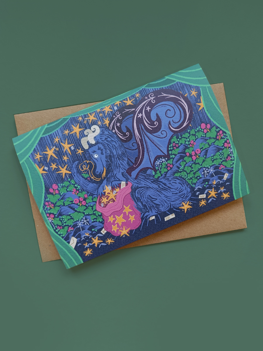 Illustrated Christmas dragon Christmas card with kraft envelope