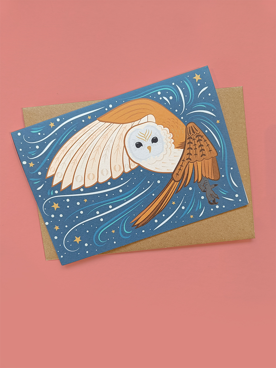 Illustrated winter barn owl in snow storm card by Curious Kin on kraft envelope