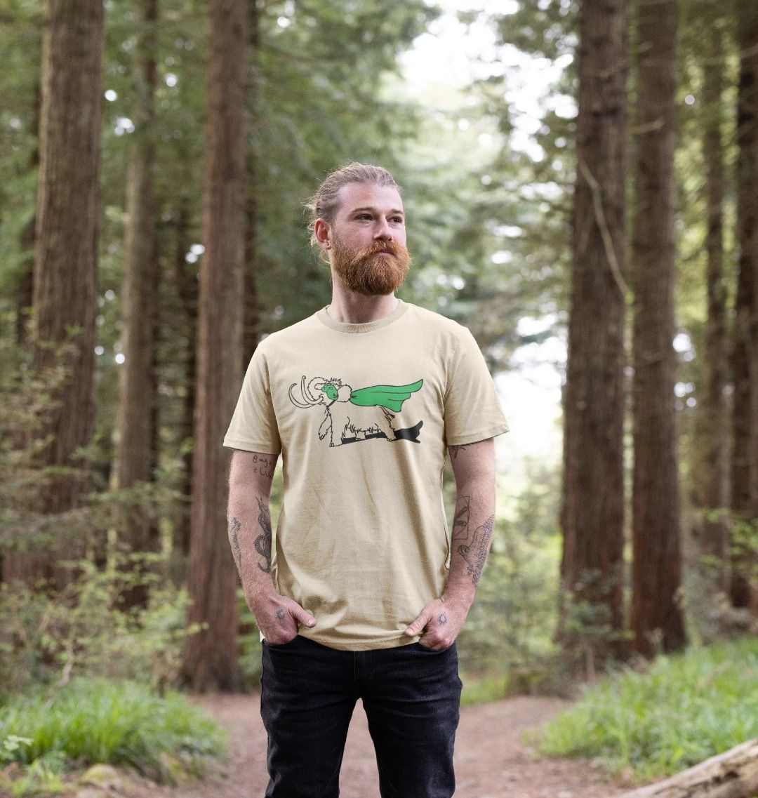 Man in woods wearing Superhero Mammoth organic printed t-shirt