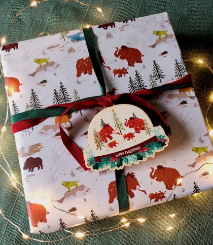 Gift wrapped in ice age themed gift wrap. A snow scene with mammoths, woolly rhino, megaloceros, smilodon wrapped with ribbon and topped with wooden tree dec of mammoth family in snow globe