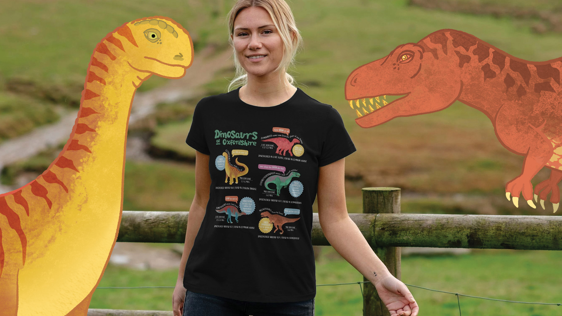 dinos of oxfordshire tshirt worn by a woman in a field