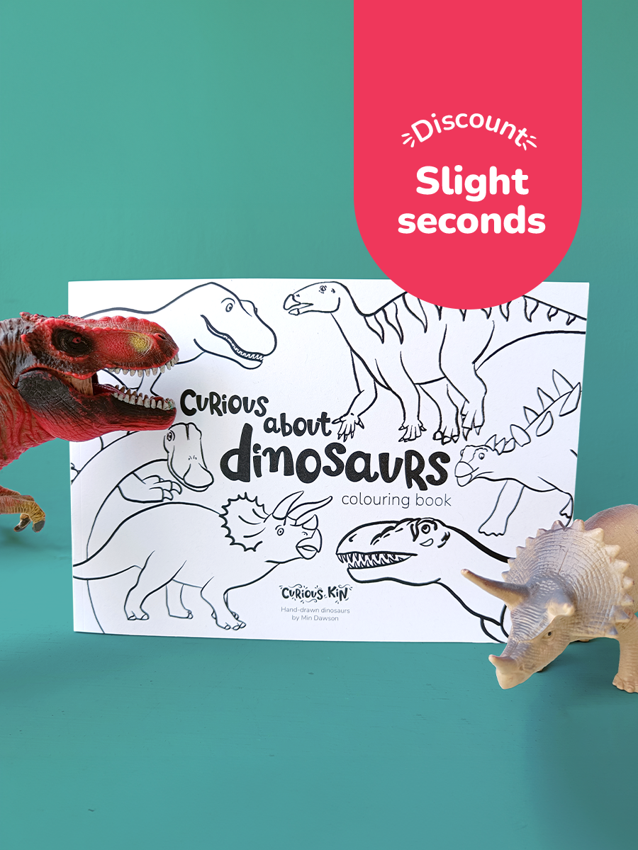 Curious Kin's black and white dinosaur colouring book with toy t-rex and triceratops figures.