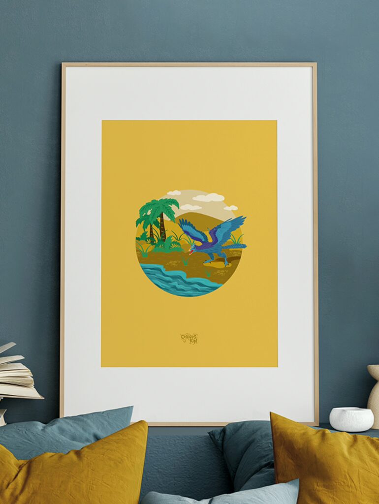 A yellow illustration of dinosaur archaeopteryx by the coast.