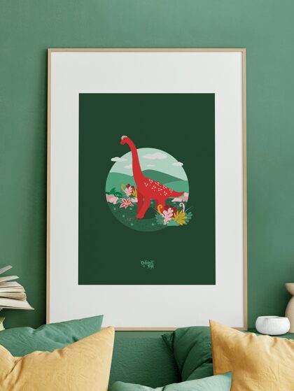 An illustration of red brachiosaurus in a green landscape in a picture frame.