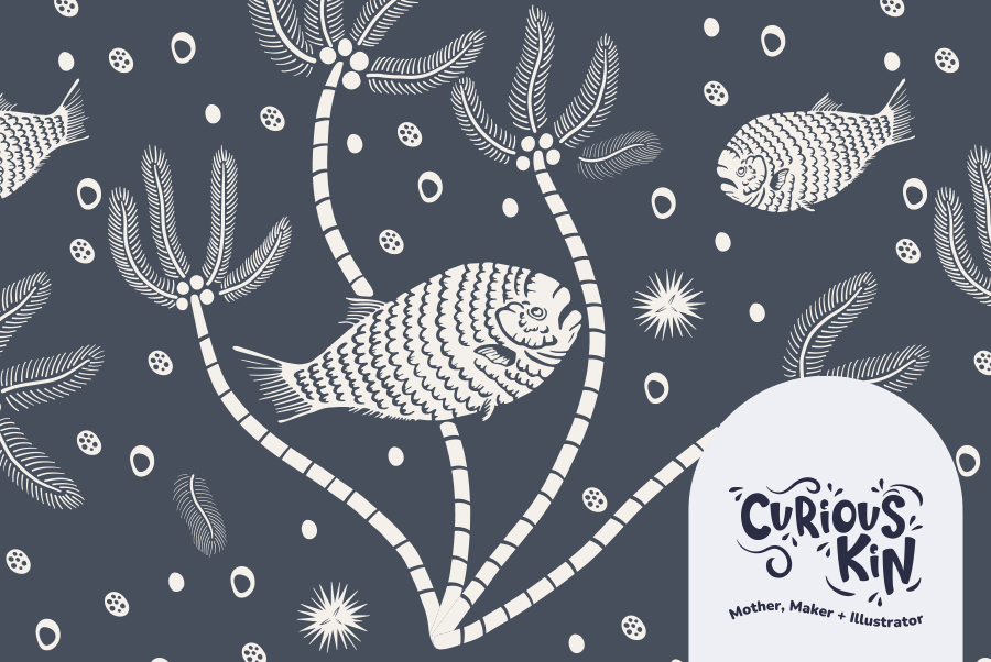 Curious kin's prehistoric fish repeating pattern sample in slate blue and cream. Features hand drawn prehistoric fish, crinoids and sea urchins.