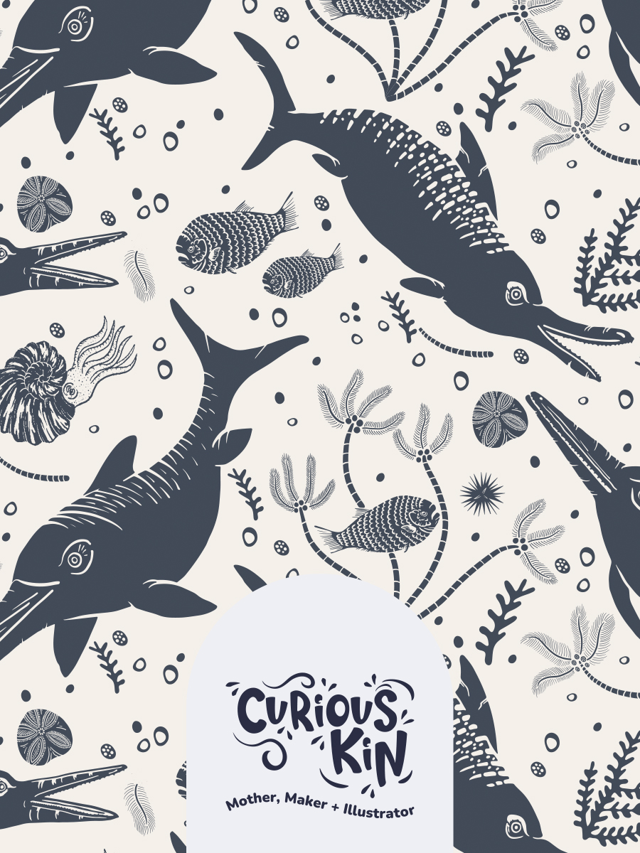 Curious kin's ichthyosaur repeating pattern with prehistoric fish, ammonites, crinoids, seaweeds and other sea creatures. Hand drawn and printed in slate blue and cream.