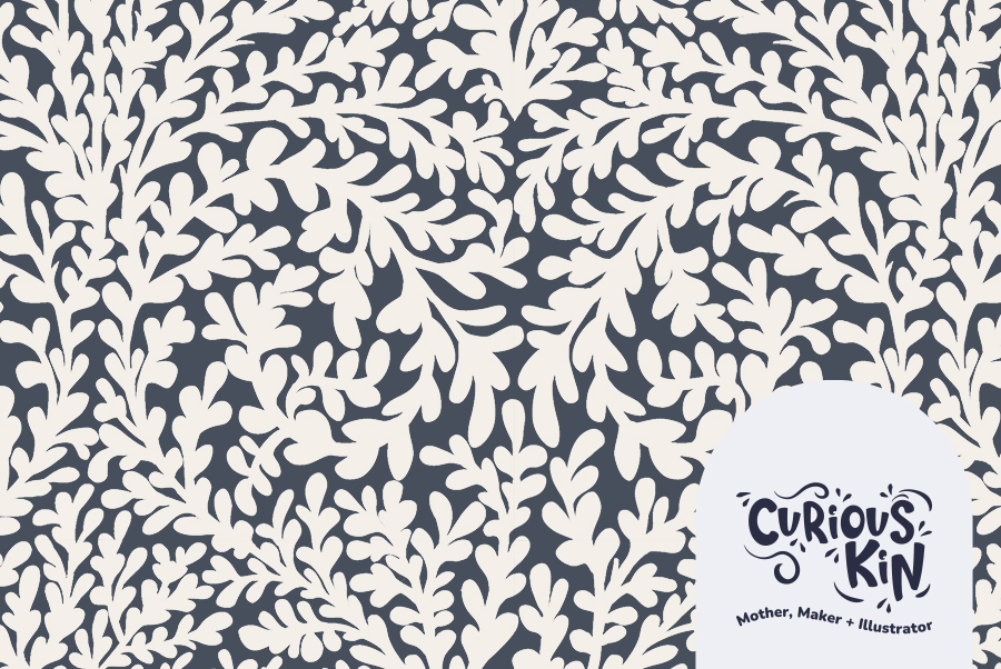 Curious Kin's seaweed repeat pattern as part of ancient tides collection. A repeating cream on slate blue pattern.