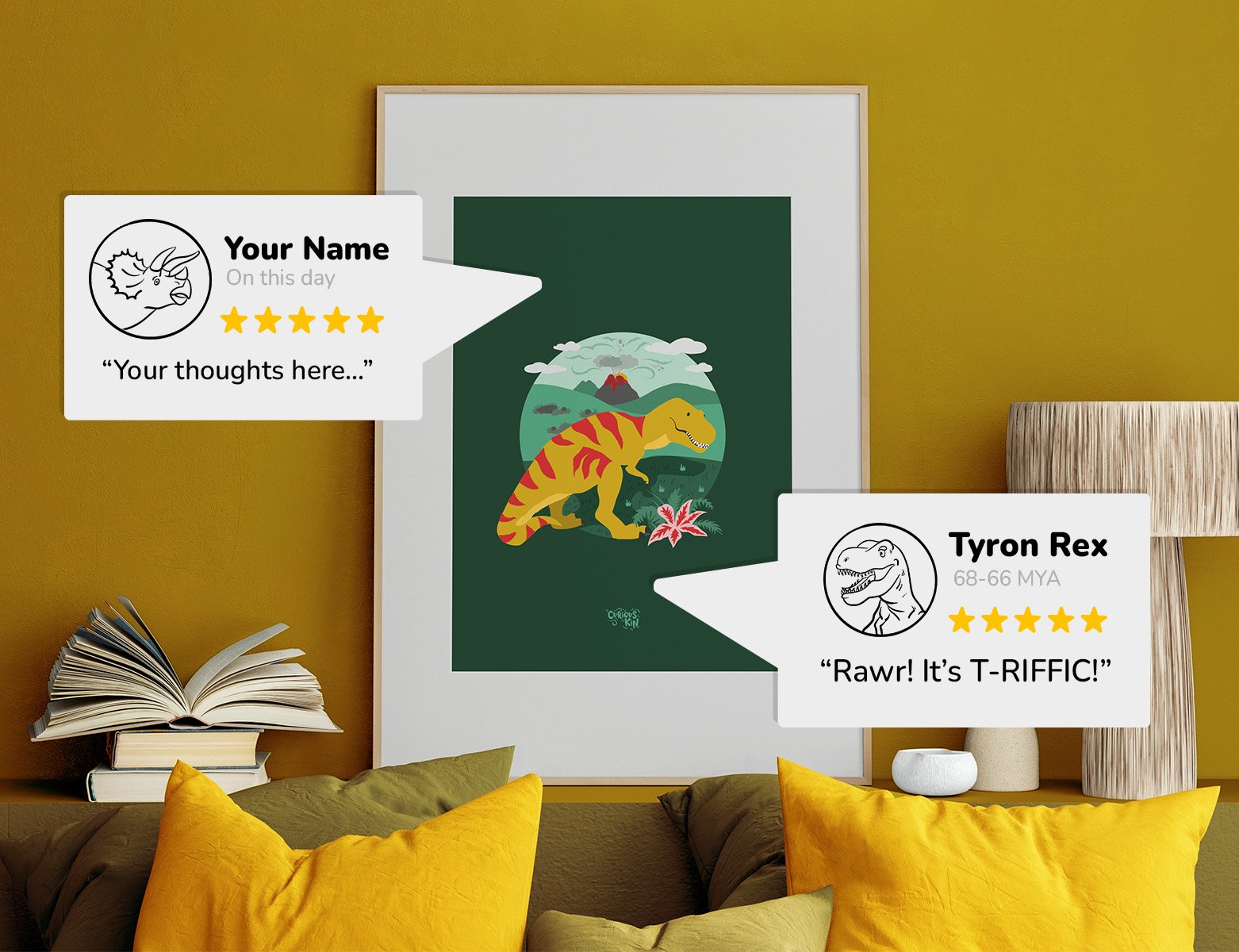 Curious Kin T-rex print with review cards over the top