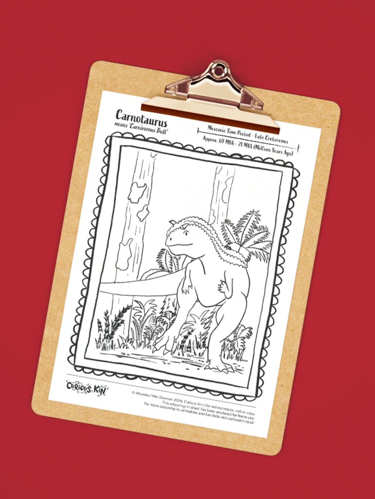 Clipboard with Curious Kin dinosaur colouring page of Carnotaurus.