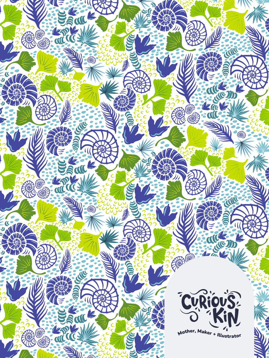 Curious Kin's ammonite seamless pattern featuring ammonites, ferns, dino footprints, ginkgo leaves