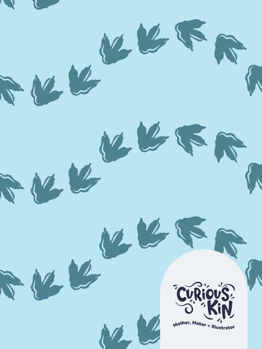 Curious Kin's zig zag dinosaur foot prints pattern in blue tones