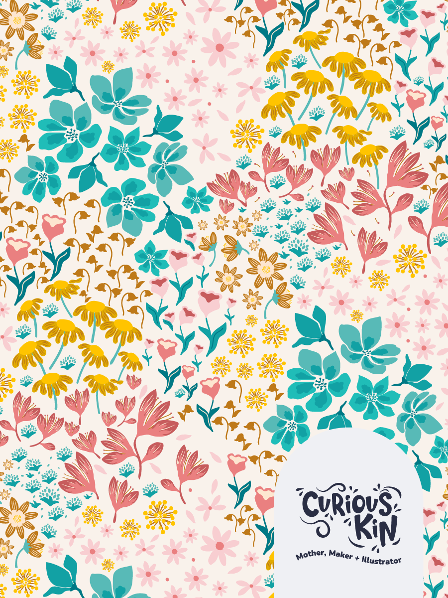 Curious Kin's seamless enchanted meadow floral pattern in yellows, pinks and teals