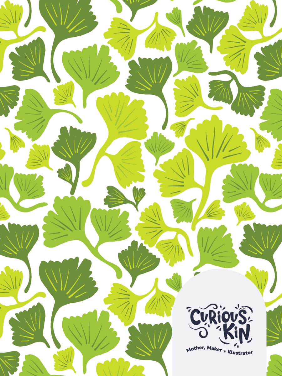 Curious Kin's seamless pattern of vibrant gingko leaves