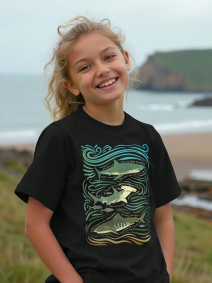 Girl stood on grass in front of the ocean wearing a black t-shirt with Curious Kin's shark fun facts design printed on it