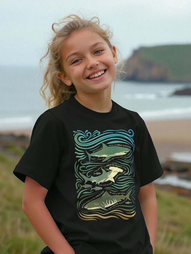 Girl stood on grass in front of the ocean wearing a black t-shirt with Curious Kin's shark fun facts design printed on it