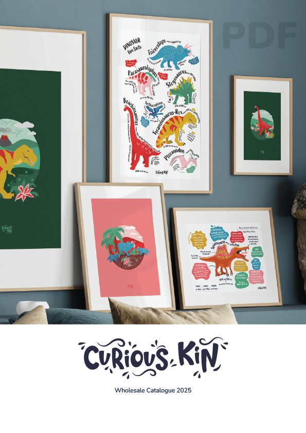 Front cover of Curious Kin's dinosaur wholesalecatalog