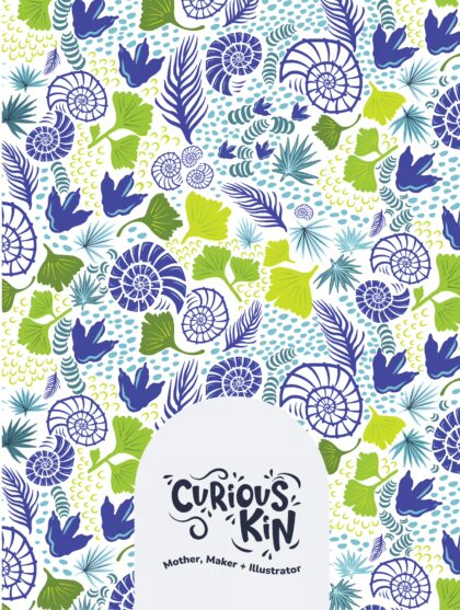 Curious Kin's seamless pattern swatch for fabric printing on demand - ammonites and other marine fossils scattered in blues and greens