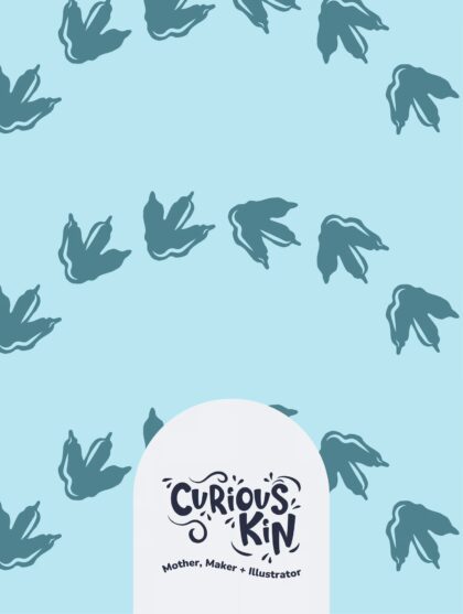 Curious Kin's seamless pattern swatch for fabric printing on demand - blue dino footprints in a zig zag