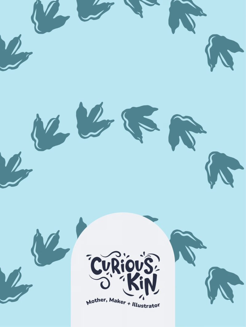 Curious Kin's seamless pattern swatch for fabric printing on demand - blue dino footprints in a zig zag